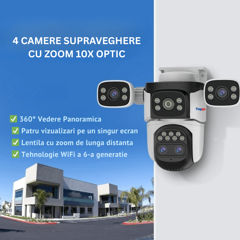 Camera de supraveghere WiFi VSTARCAM 12MP cu zoom 10X, vedere nocturnă color, audio bidirecțional și detectie mișcare.