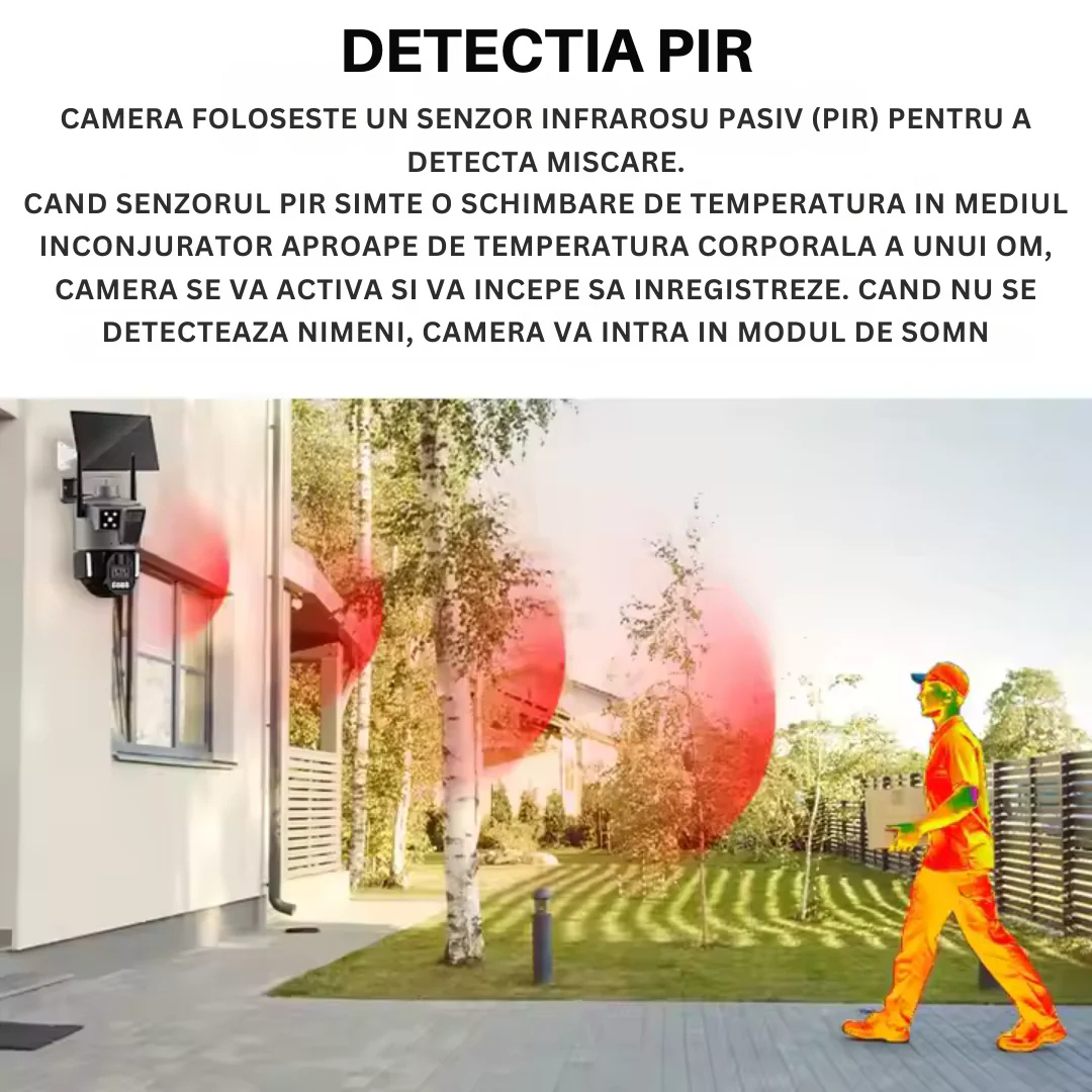 Camera de supraveghere solară 4G 4K Taggo.ro, zoom 10X, panou solar 30W, rezistentă la apă IP66, cu carcasă robustă.