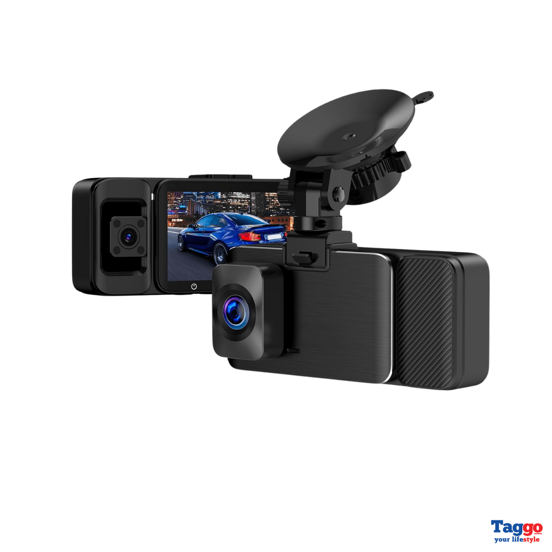 Camera auto Taggo.ro cu înregistrare 4K UHD frontal, interior și spate Full HD, GPS și Wi-Fi integrat, pentru monitorizare completă.