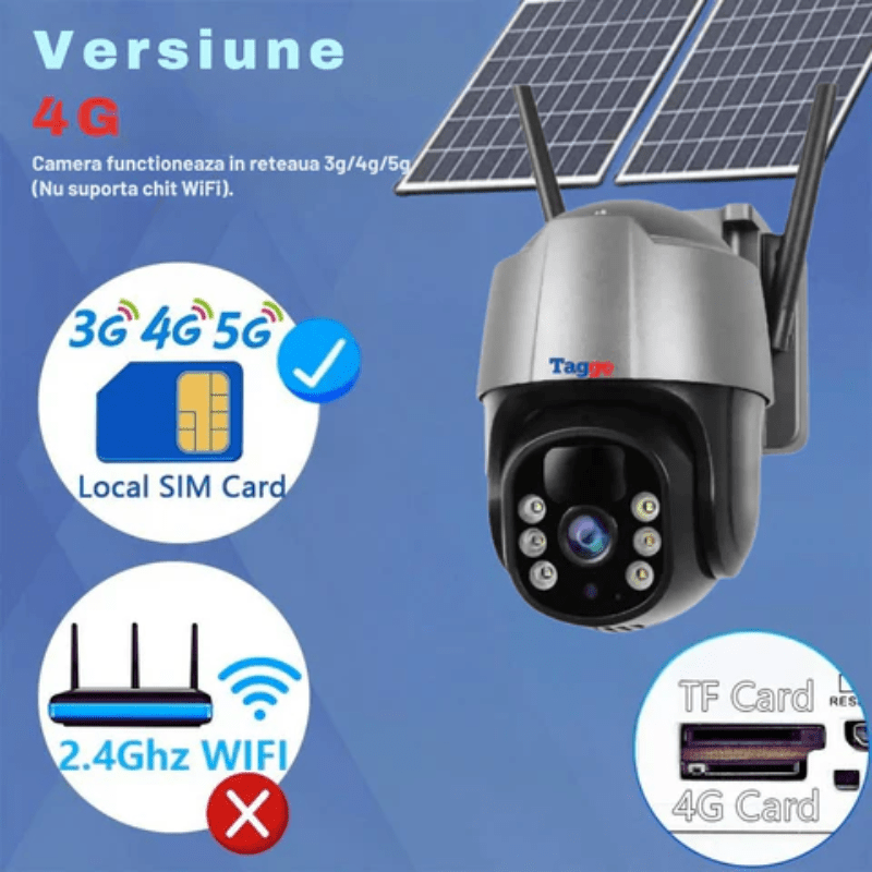 Camera de supraveghere exterior solar 4G Taggo, 5 MP, zoom 10x, Full HD, panou solar 10W, IP66 și card 64GB.