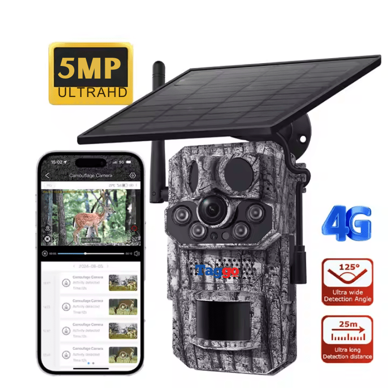 Camera de vânătoare Taggo cu conexiune 4G, 5MP, încărcare solară, GPS și rezistență IP66, pentru supraveghere eficientă.