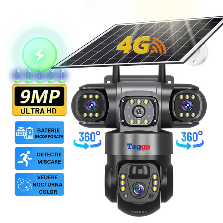 Camera Supraveghere cu Panou Solar, Conexiune 4G Cartela SIM, 9MP, 3 Lentile, Comunicare Bidirectionala - Taggo.ro
