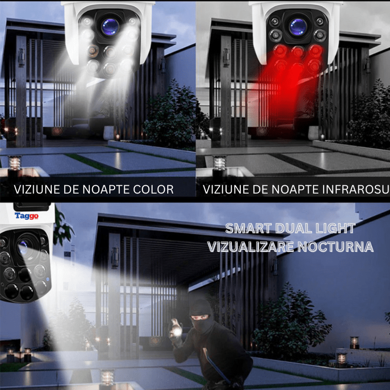 Camera de supraveghere WIFI 4K Taggo.ro cu zoom 100X, 2 lentile, control aplicație și rezistență IP66 pentru exterior.