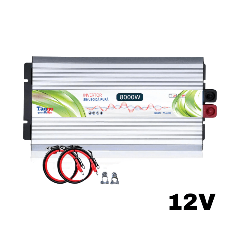 Invertor Taggo 8000W 12V-220V cu undă sinus pur, pentru rulote, case și cabane, afișând panoul solar și conexiunile.