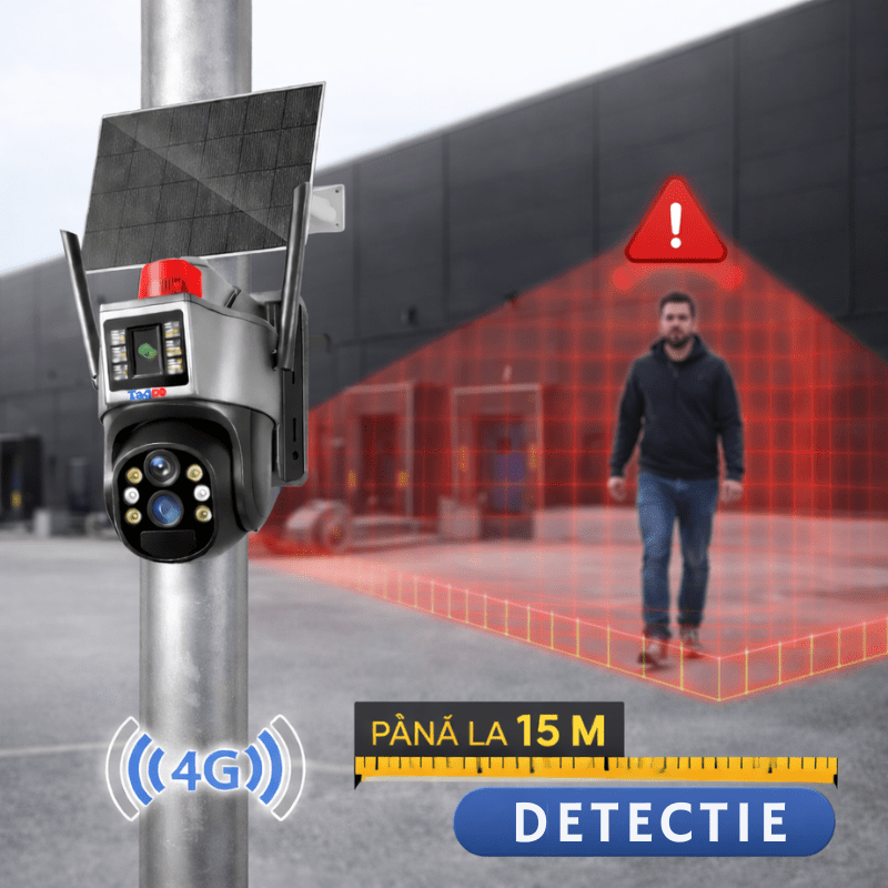 Camera de supraveghere Taggo.ro 4K cu panou solar, zoom 10X, conexiune 4G, detectie umană și control din aplicație, IP66