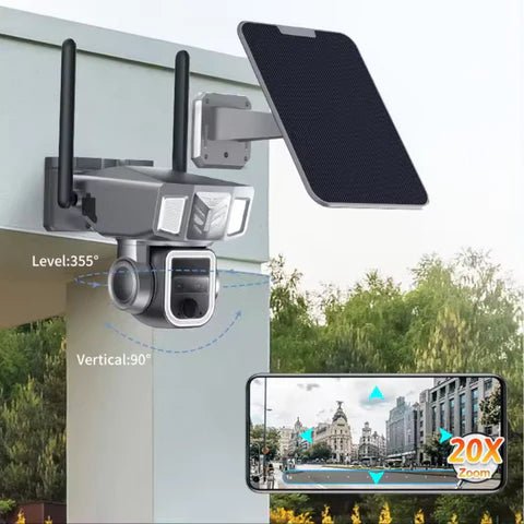 Camera supraveghere 4G Taggo.ro, 2K Ultra HD, duble lentile, zoom optic 20X, alimentare solară, rotire prin aplicație, IP66.