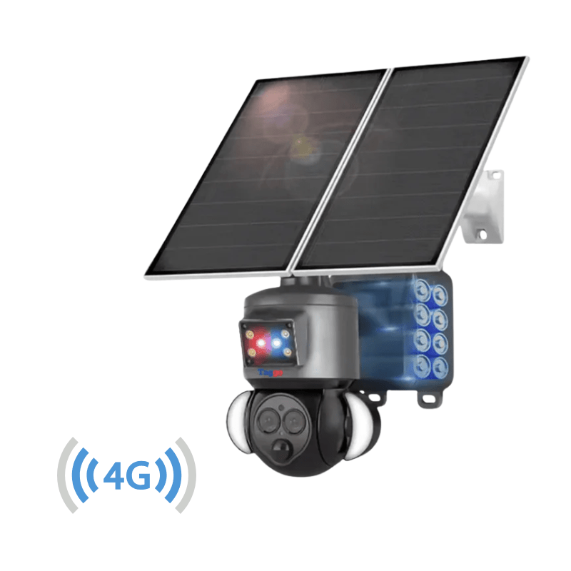 Camera de supraveghere Taggo cu incarcare solară 4G, zoom 12x, rezistentă la apă IP66, rezoluție 4K și rotire din aplicație.