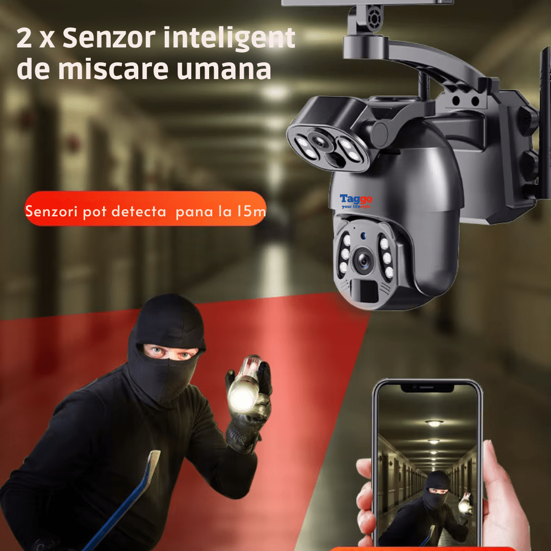 Camera supraveghere 4G Ultra HD Taggo.ro cu dual 6MP, incarcare solară, rotire din aplicație și rezistență IP66.