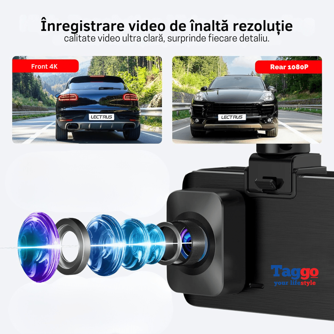 Camera auto Taggo 4K UHD frontal, interior și spate Full HD 1080P cu GPS și WiFi integrat, pentru monitorizare completă a mașinii.