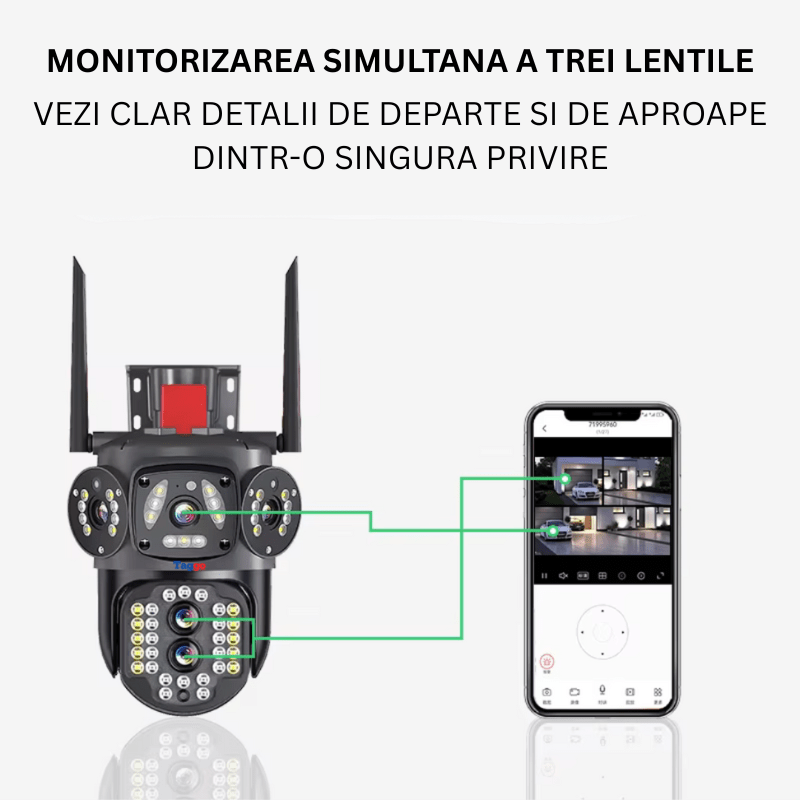 Camera de supraveghere WIFI Taggo.ro cu zoom 10X, rezoluție 4K, detectare umană, urmărire automată și protecție IP66.