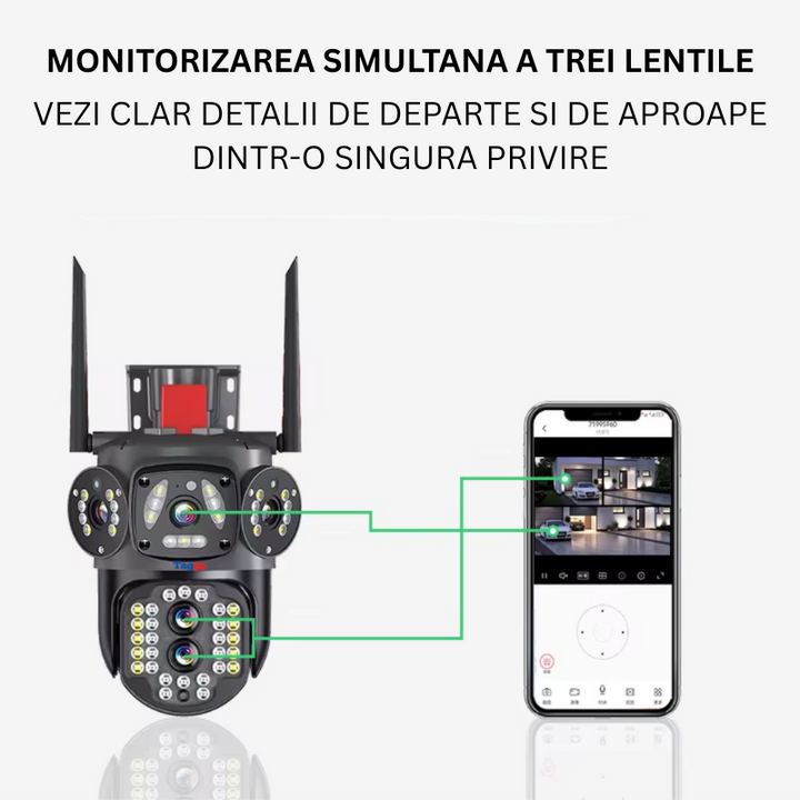 Camera de supraveghere WIFI, Zoom 10X, 3 Ecrane, Rezolutie 4K, Detectie umana, Urmarire automata, IP66 - Taggo.ro