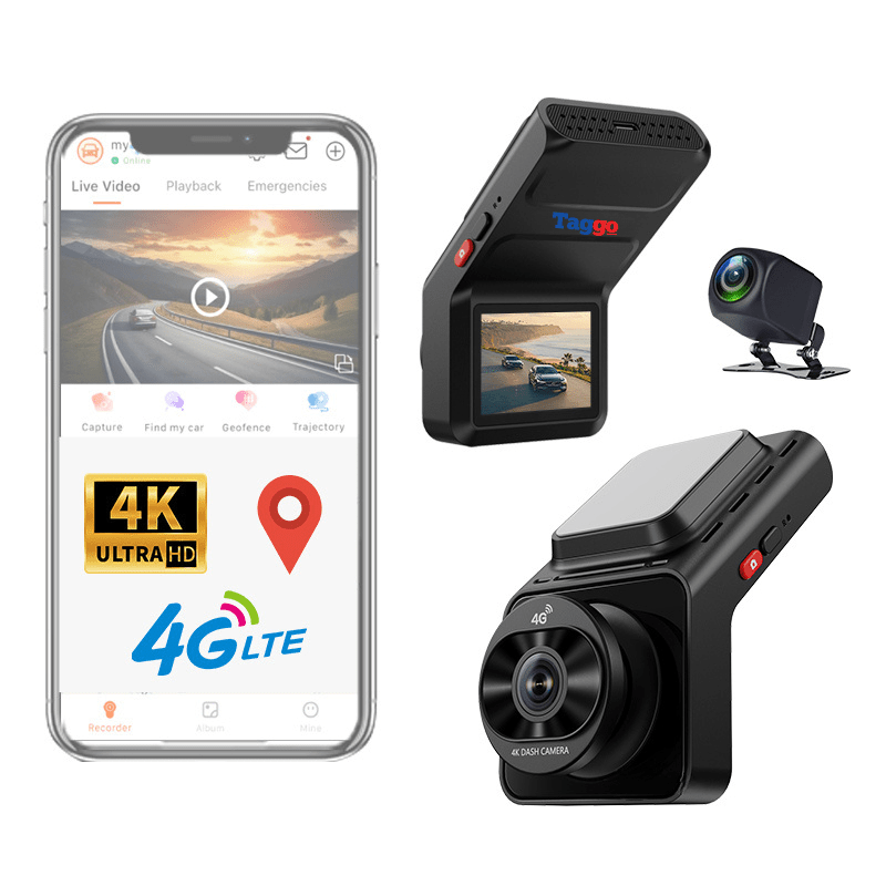 Camera auto 4G Taggo.ro cu ecran LCD 4K, cameră spate 1K, GPS, viziune nocturnă și funcții ADAS și ABS.