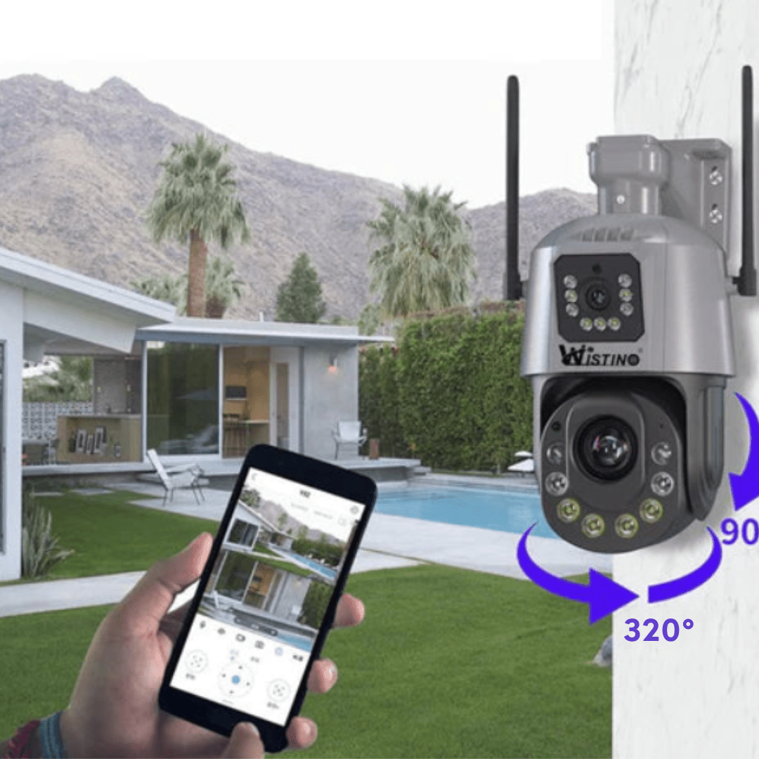 Camera de supraveghere WIFI 6K Taggo cu 2 lentile, control din aplicație, detectie umană și rezistență IP66, imagine clară.