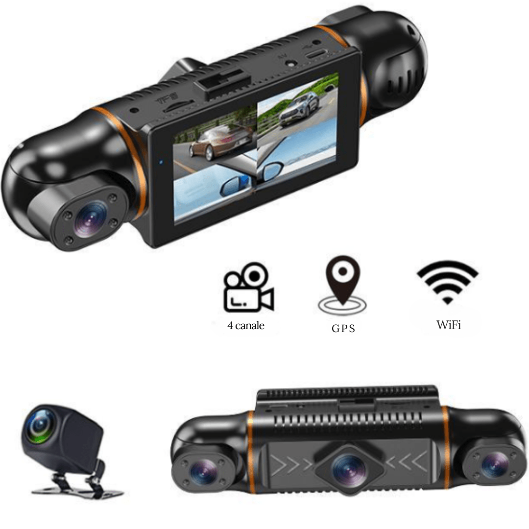 Camera auto crocodil Taggo.ro cu 4 lentile, vedere nocturnă, monitorizare 360° și înregistrare în buclă, senzori G inclus.