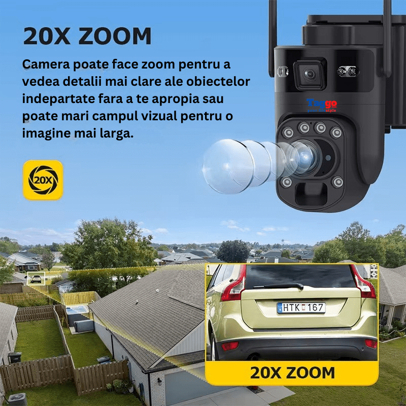 Camera de supraveghere WiFi Solara, 8MP 4K, zoom 99X, control aplicație, viziune nocturnă color, neagră, cu 2 lentile.