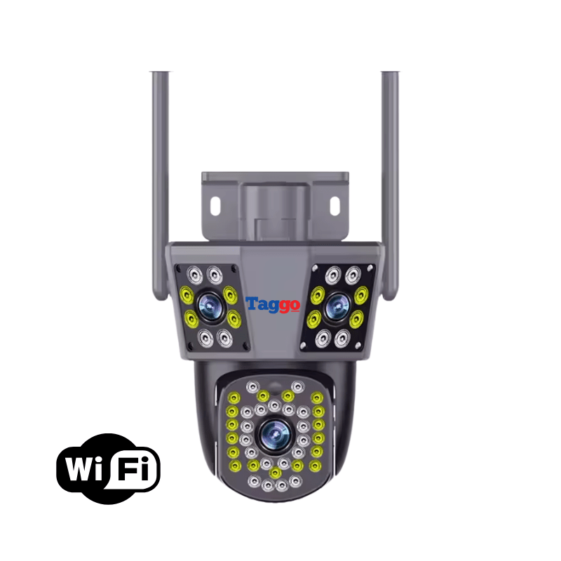 Camera de supraveghere WIFI 3K cu 3 lentile, control din aplicație, urmarire automată și rezistență la apă IP66.