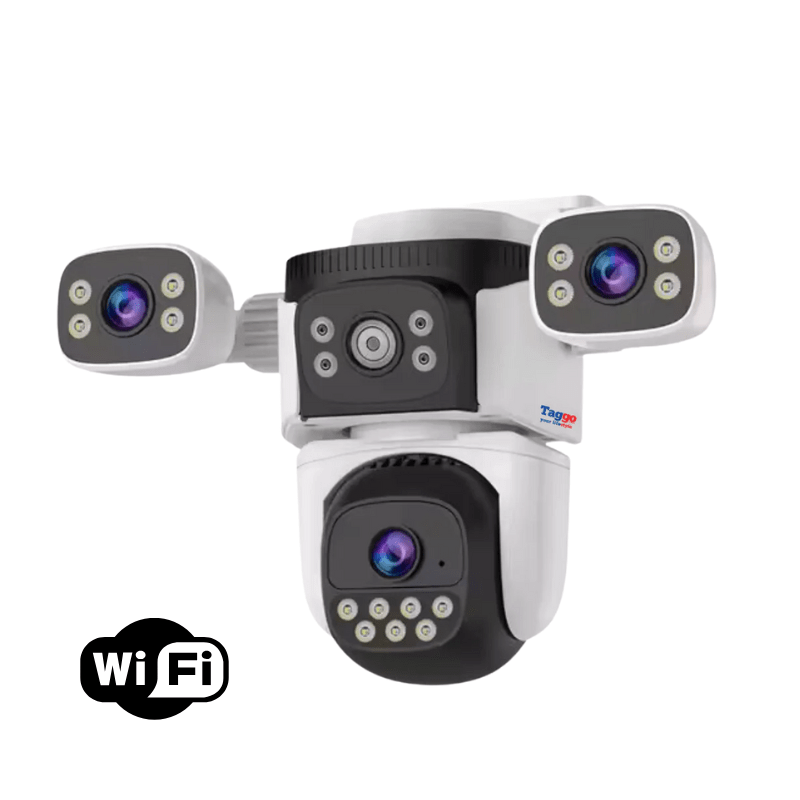 Camera de supraveghere WIFI 4K Taggo cu 9MP, 3 lentile, control din aplicație și comunicare bidirecțională, rezistent IP66