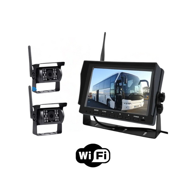 KIT 2 Camere de Supraveghere Auto 5mp Wireless, metalice IR cu Monitor 7 inch, pentru tiruri, autocare, camioane 12V-24V - Taggo.ro