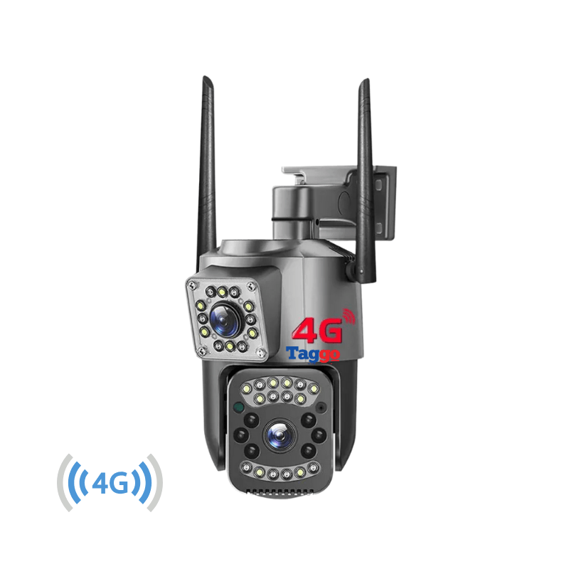 Camera de supraveghere 4G Taggo, 4K, 8MP, cu 2 lentile, control din aplicație, rezistentă la apă IP66, urmărire automată