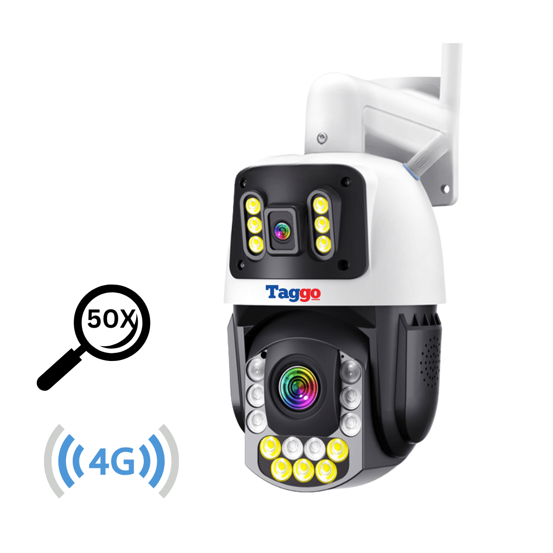 Camera de supraveghere Taggo.ro cu conexiune 4G, 8MP, zoom optic 50X și vedere color pe timp de noapte.