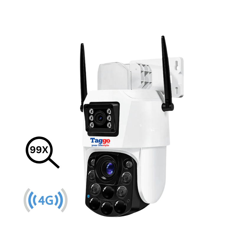 Camera de supraveghere 4G 4K Taggo.ro cu 2 lentile, control din aplicație, detectie umană și rezistență IP66, vizualizare clară.
