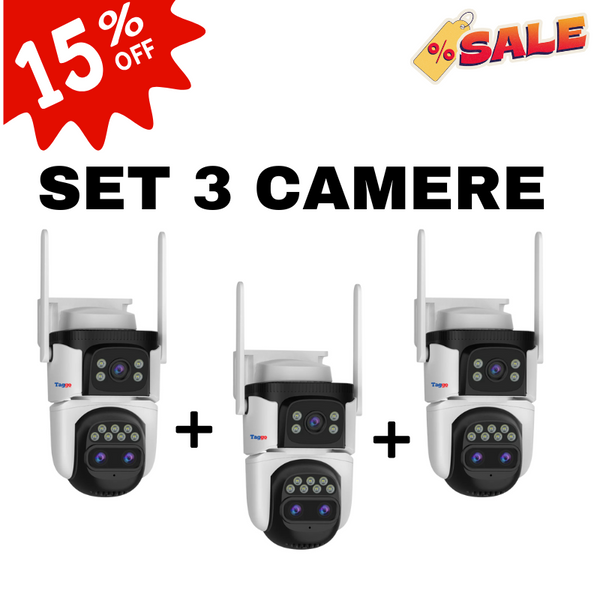 Set 3x Camere Supraveghere WiFi, 3 Lentile, 6K Ultra HD, 12MP, Zoom Hybrid 10x, Urmarire Automata, Control din Aplicatie