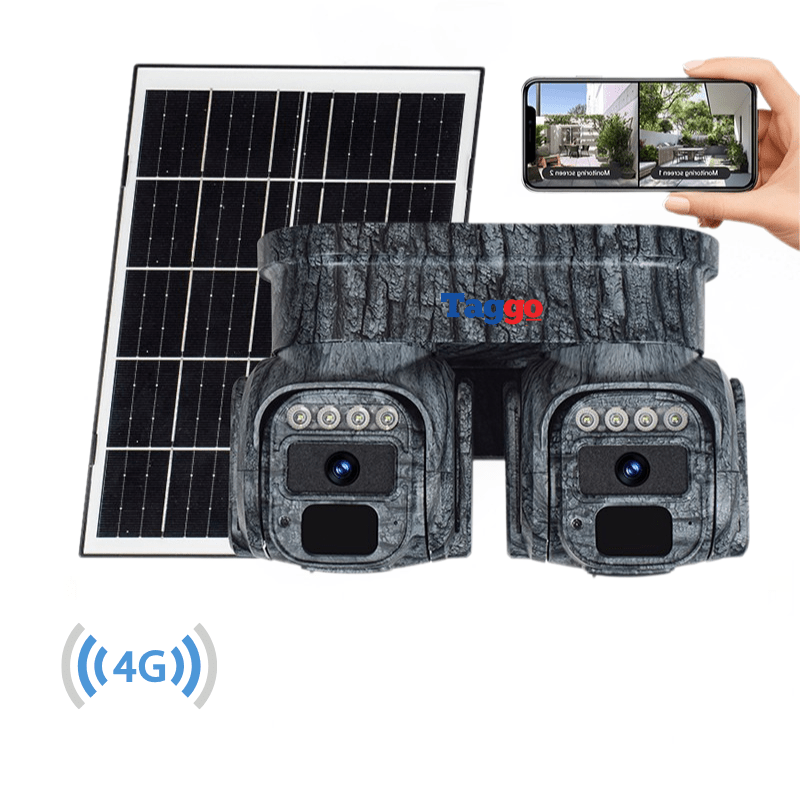 Camera de supraveghere Taggo cu panou solar, 8MP, lentile 360°, detectie dubla, control din aplicație și comunicare bidirecțională