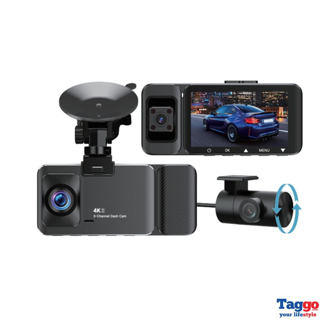 Camera auto Taggo.ro 4K UHD frontal, interior și spate Full HD 1080P, GPS și Wi-Fi integrat pentru siguranță și înregistrare.
