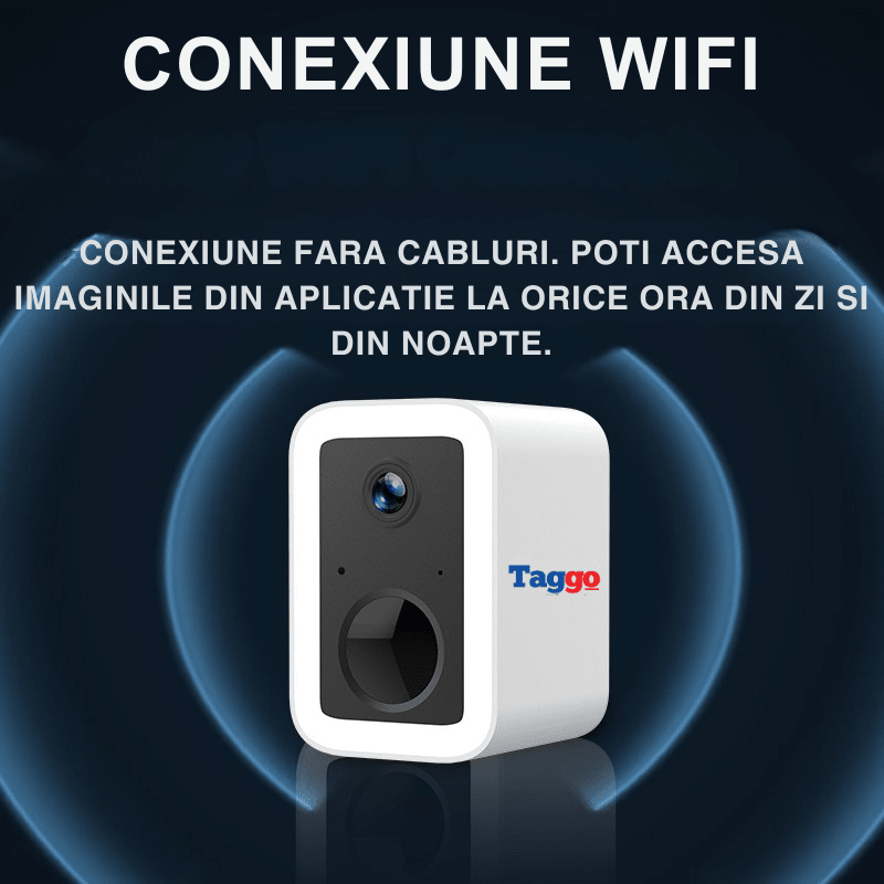 Camera de supraveghere Taggo cu panou solar, WIFI, 3 MP, AI tracking și baterie de 5200mAh, afișând lentila și panoul solar.