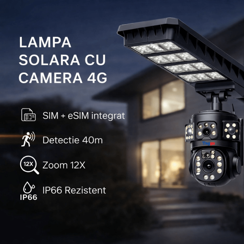 Lampa Stradala cu Camera 4G/ eSIM, 8MP, Inregistrare Continua 24/7 AOV, Viziune Color pe timp de noapte - Taggo.ro
