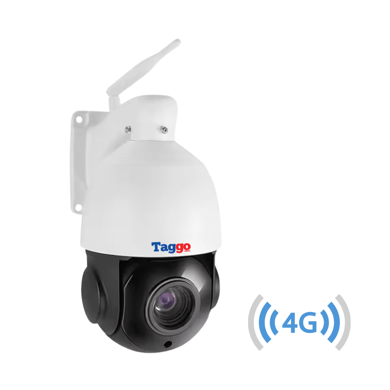 Camera de supraveghere Taggo cu conexiune SIM 4G, rezoluție 5 MP, zoom optic 18x, detectare mișcare, IP66, imagine clară.