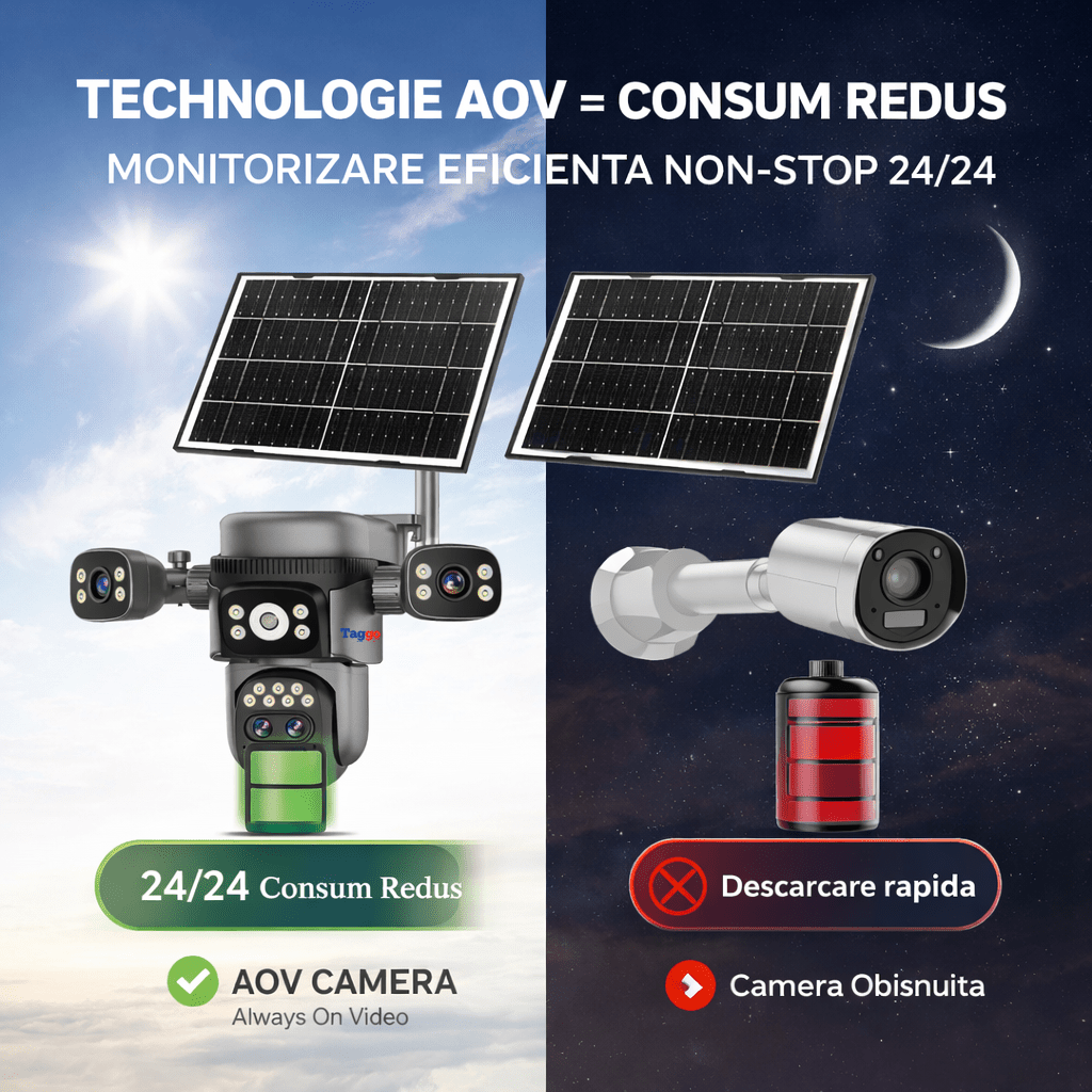 Camera de supraveghere WIFI Taggo 12MP cu panou solar, zoom 10x, viziune nocturnă și detectie PIR, rezistentă la apă