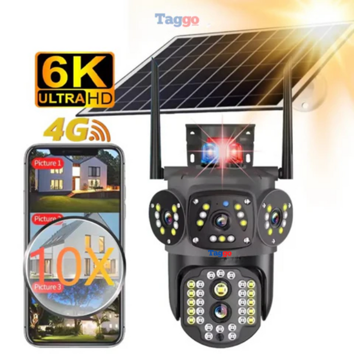 Camera Supraveghere 12MP 4G cu panou solar 10W, Multi-Lentile 3x4MP, Zoom optic 10X, 12xLED IR + 12xLED Alb, IP66 - Taggo.ro