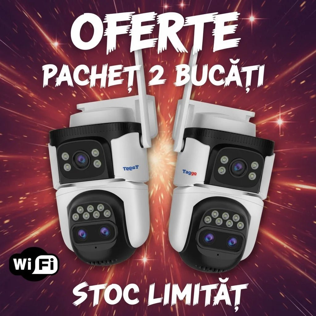 2 Camere de Supraveghere WIFI, 3 lentile, 6K 12MP, Control din Aplicatie - Pachet - Taggo.ro
