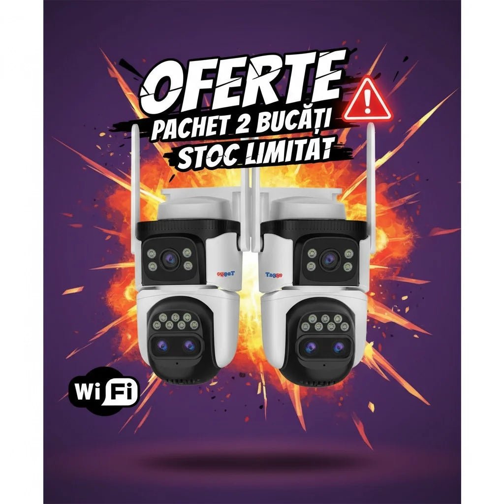 2 Camere de Supraveghere WIFI, 3 lentile, 6K 12MP, Control din Aplicatie - Pachet - Taggo.ro