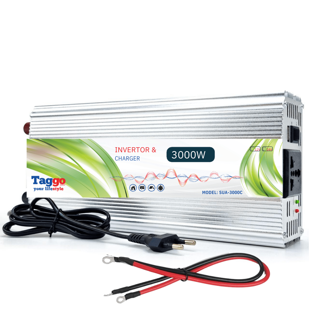 Invertor 2 în 1 Taggo.ro cu încărcător auto, 3000W, 12V-220V, port USB și funcție UPS, pentru alimentare portabilă.