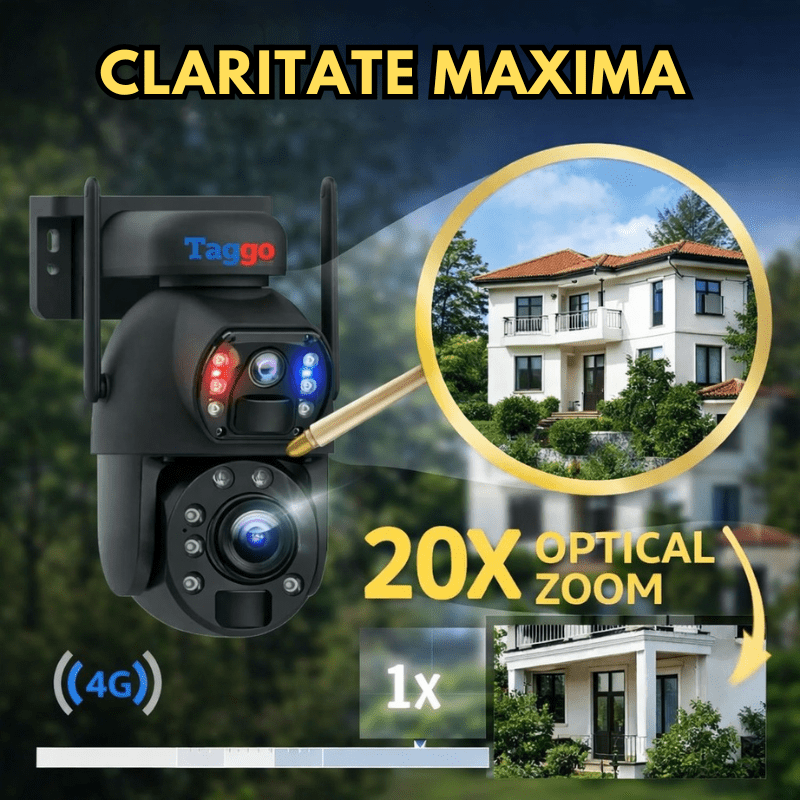 Camera de supraveghere 4G 4K Ultra HD cu zoom 20X, duală, rezistentă la apă IP66, cu încărcare solară și rotire din aplicație.