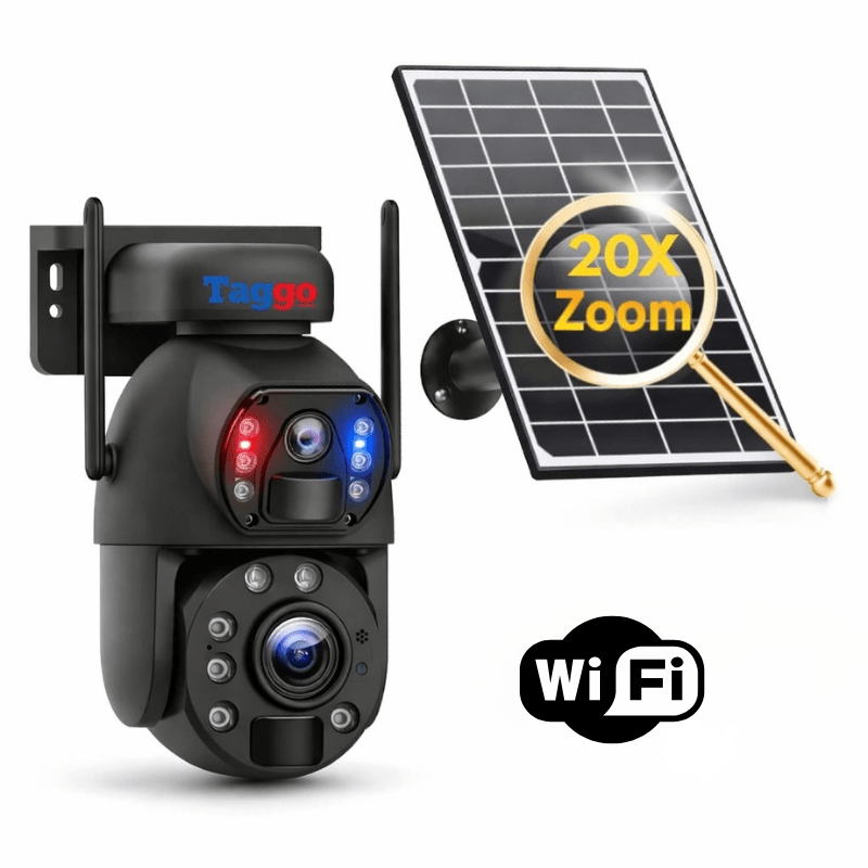 Camera de supraveghere WiFi 4K Ultra HD cu zoom 20X, duală, rezistentă la apă IP66, cu încărcare solară și rotire controlată din aplicație.