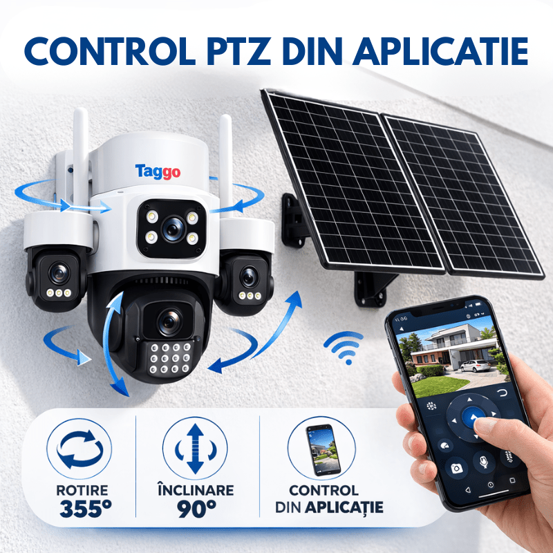 Camera Solara Cu 4 Lentile, 4G / eSIM, 16MP Vedere Nocturna Color, Detectie Miscare, Inregistrare AOV - Taggo.ro