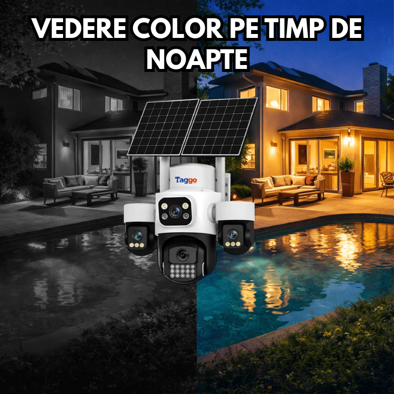 Camera Solara Cu 4 Lentile, 4G / eSIM, 16MP Vedere Nocturna Color, Detectie Miscare, Inregistrare AOV - Taggo.ro