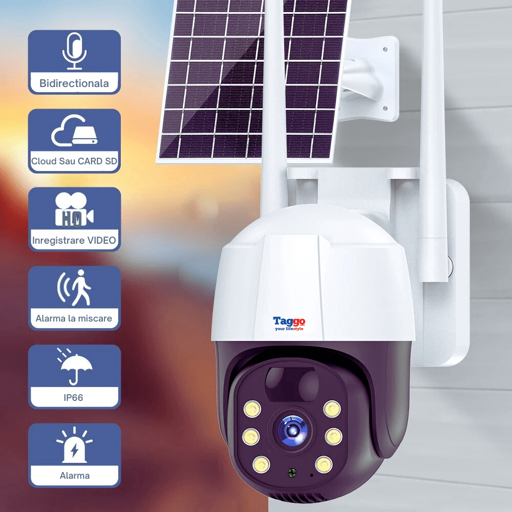 Camera de supraveghere exterior solar Taggo, 5 MP, zoom 10X, Full HD, rezistent la apă IP66, panou solar 10W, compatibil SIM 4G