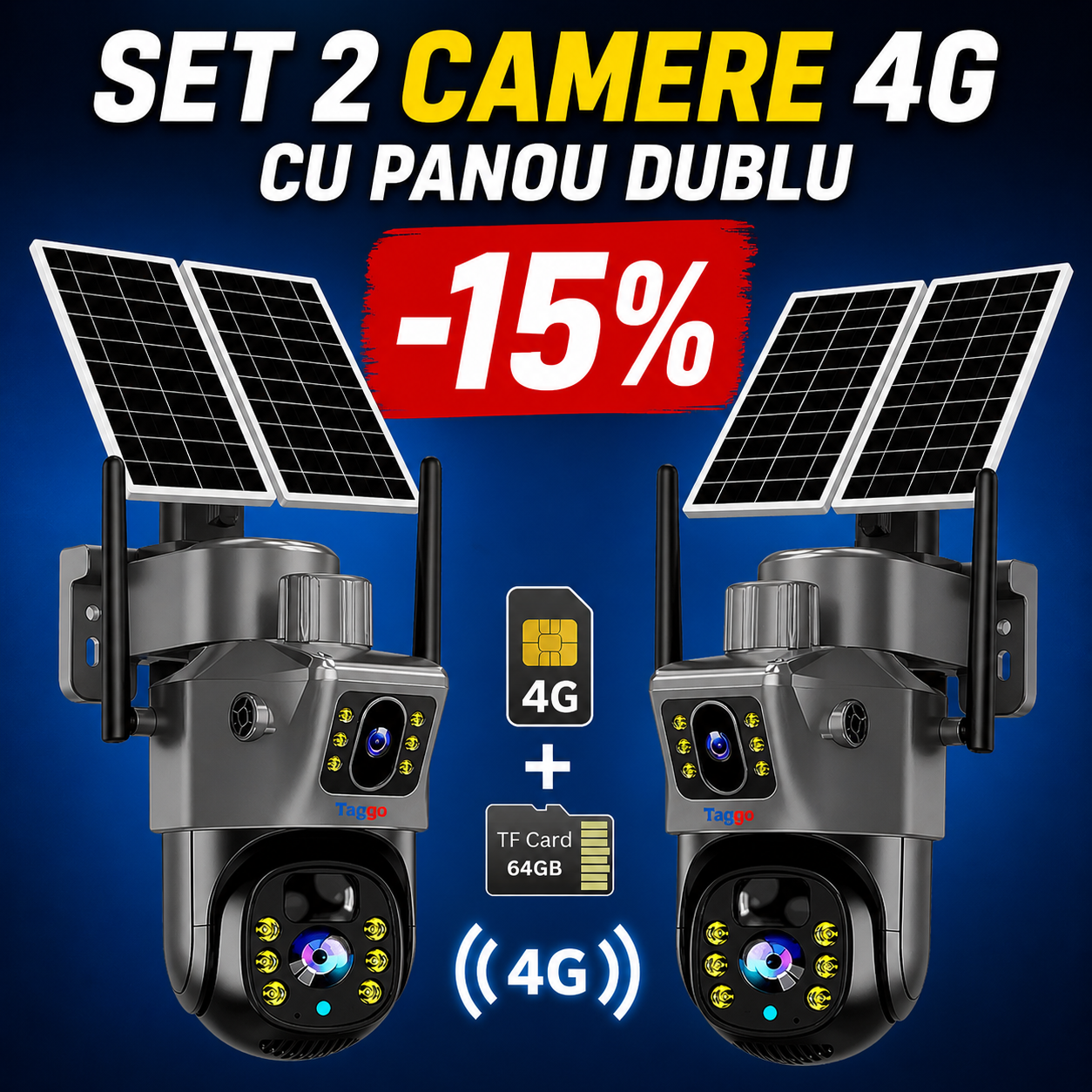 Set 2 camere supraveghere Fast Bundle cu conexiune 4G, panou solar 20W și card de 64GB inclus, pentru monitorizare sigură