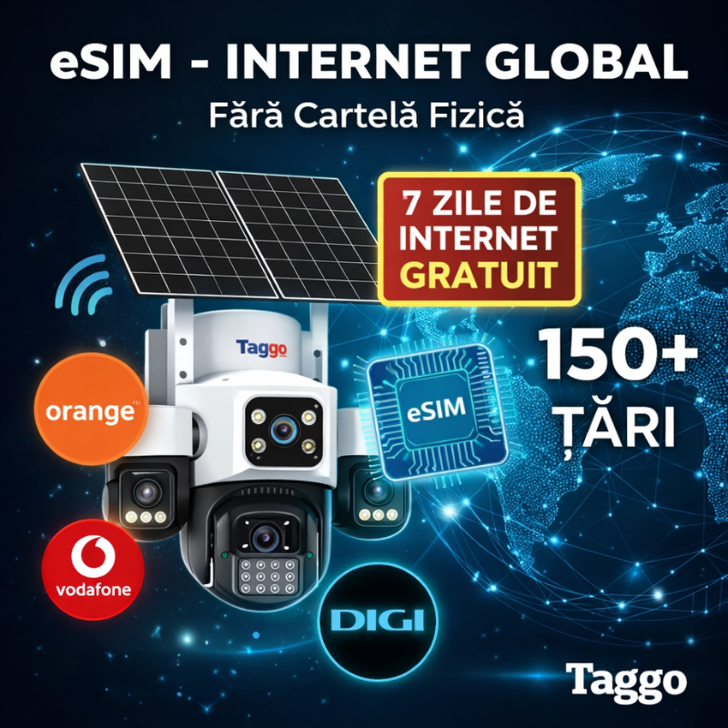 Camera Solara Cu 4 Lentile, 4G / eSIM, 16MP Vedere Nocturna Color, Detectie Miscare, Inregistrare AOV