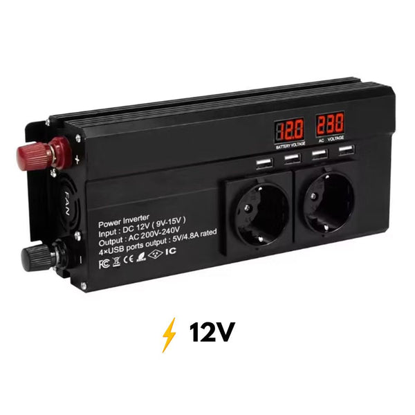 Invertor 12v 230v 2600w Unda modificata, 3 Iesiri AC Protectie Scurtcircuit 4 USB, Display Digital