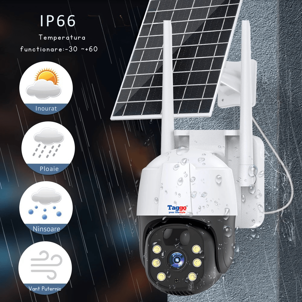 Camera de supraveghere exterior Taggo cu panou solar, 5 MP, zoom 10X, rezistent la apă IP66, încadrare în peisaj exterior.