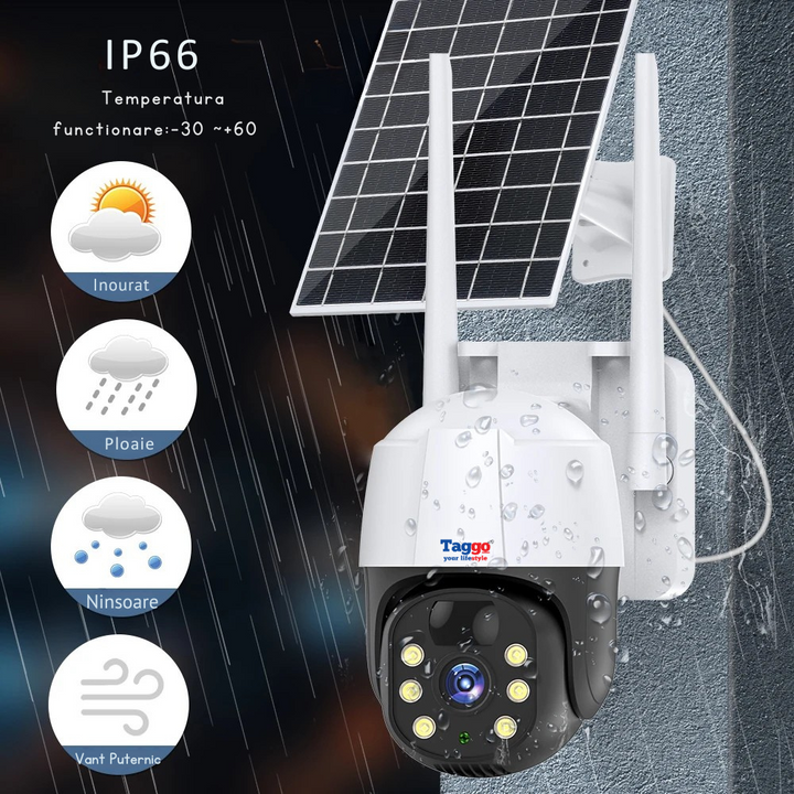 Camera de Supraveghere Solara WIFI 5 MP, Zoom 10X, Full HD 1080p, Panou Solar 9W Rezistenta La Apa IP 66, Gri, Card de memorie 64GB - Taggo.ro