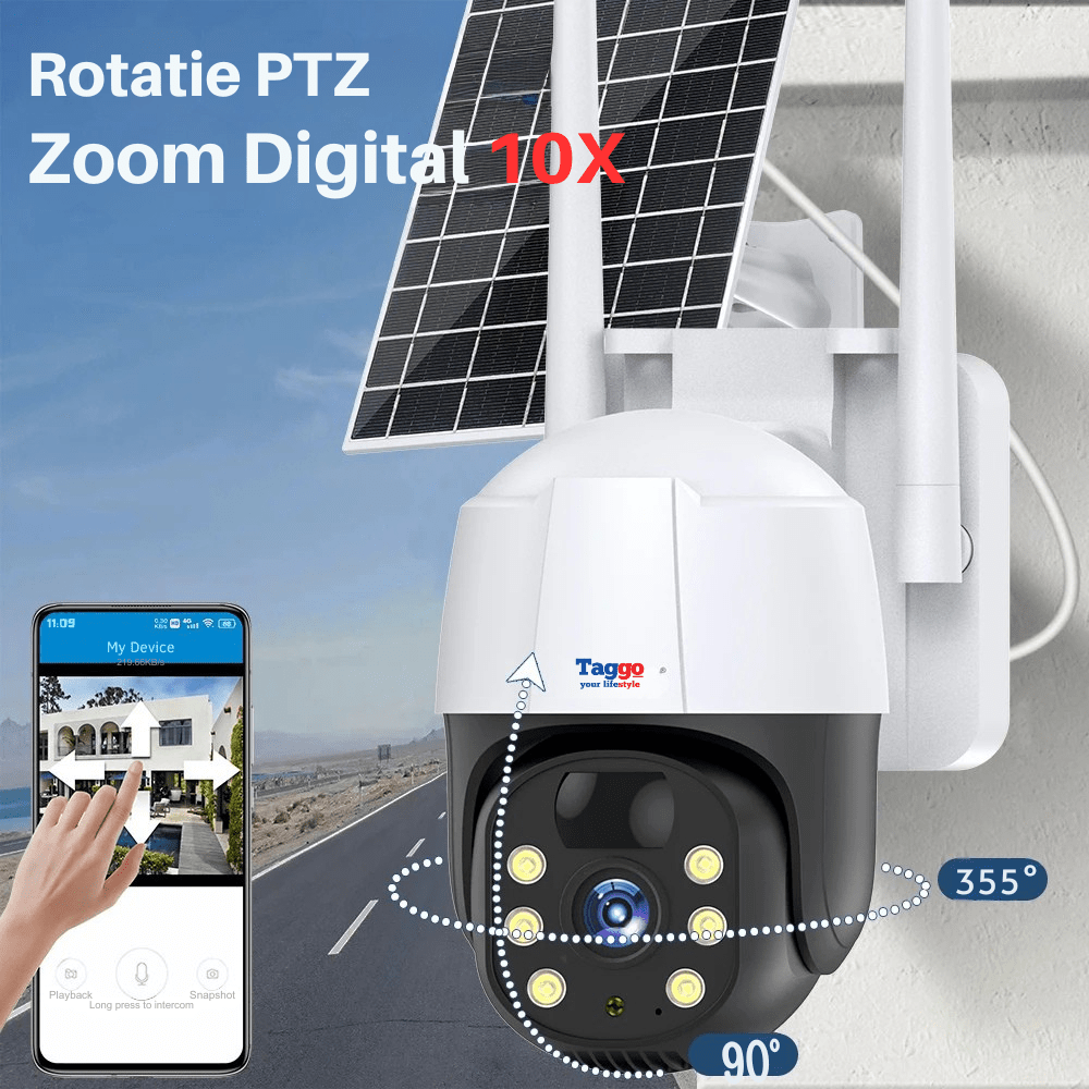 Camera de supraveghere solară exterior Taggo, 5 MP, zoom 10X, Full HD, IP66, panou solar 10W, rezistent la apă
