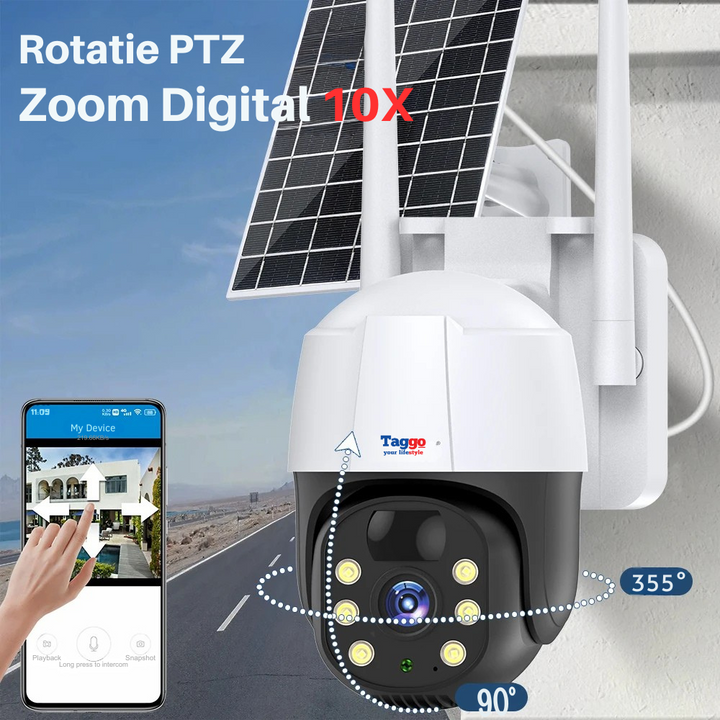 Camera de Supraveghere Solara WIFI 5 MP, Zoom 10X, Full HD 1080p, Panou Solar 9W Rezistenta La Apa IP 66, Gri, Card de memorie 64GB - Taggo.ro