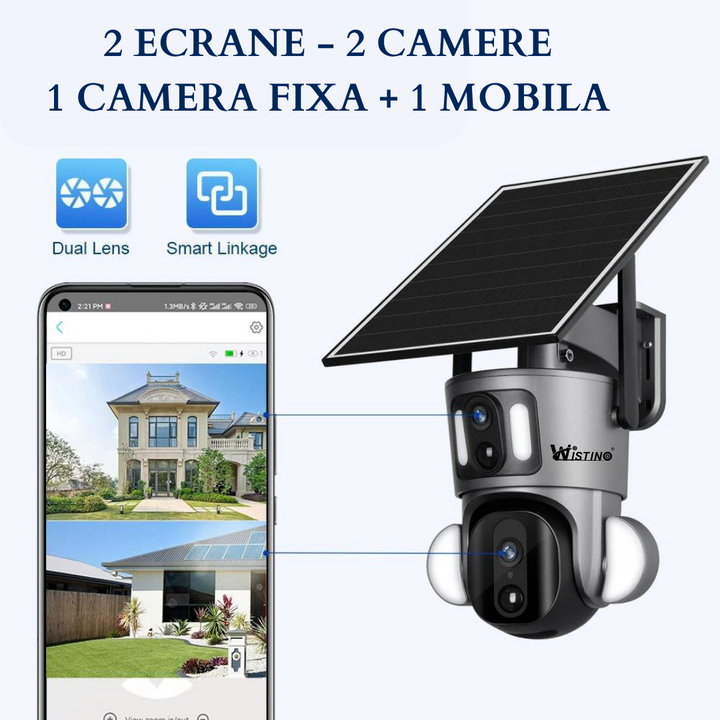 Camera Supraveghere WIFI 3K Ultra HD, Dual Camera 3MP+3MP, Incarcare Solara, Rotire Din Aplicatie, Rezistenta La Apa IP 66 - Taggo.ro