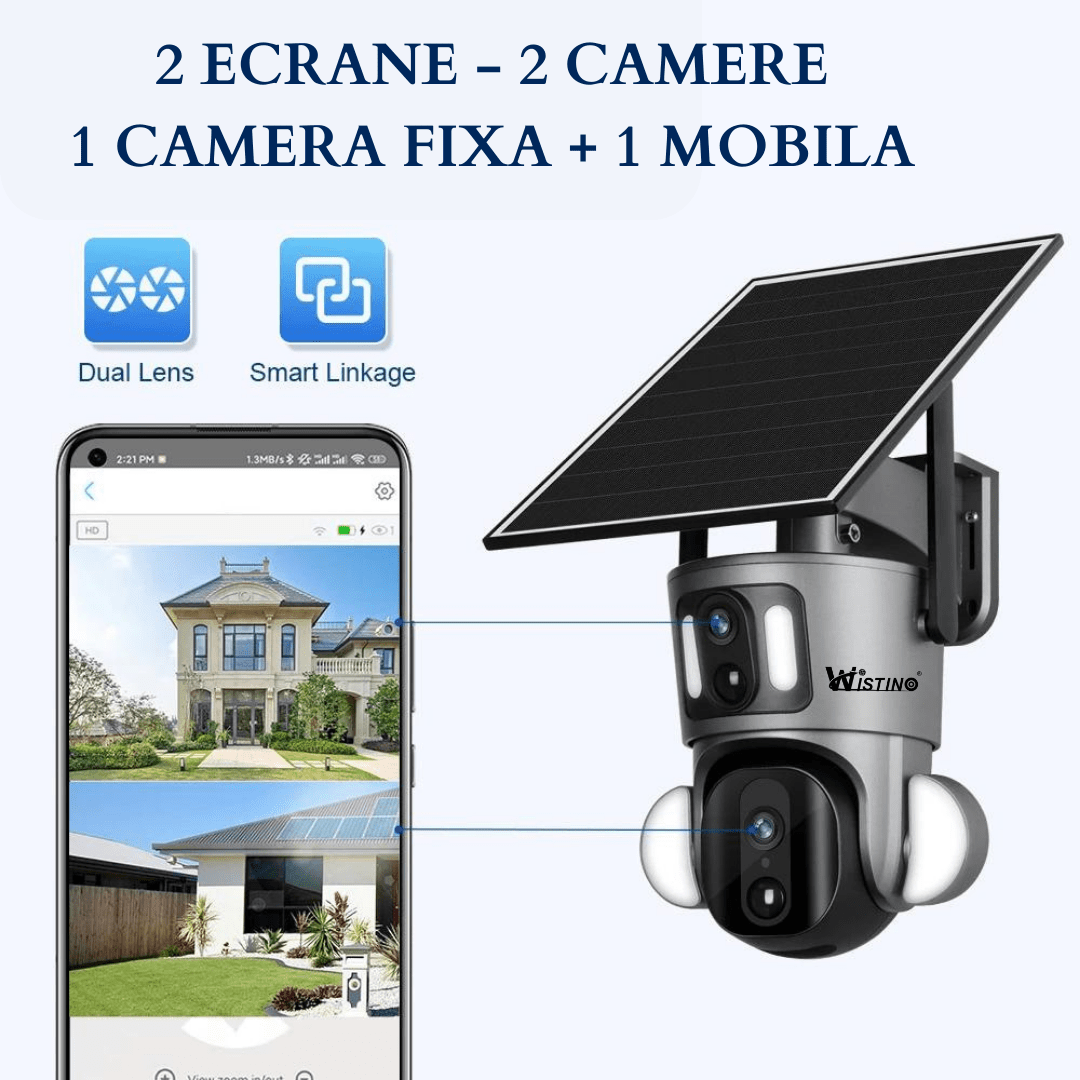 Camera de supraveghere Taggo cu duală, 6MP, 4G, 3K Ultra HD, rezistentă la apă IP66, încarcare solară, rotire din aplicație.